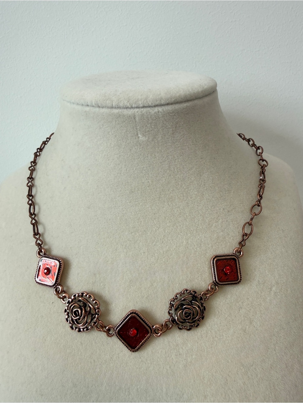 Copper-Tone Red Floral Statement Necklace